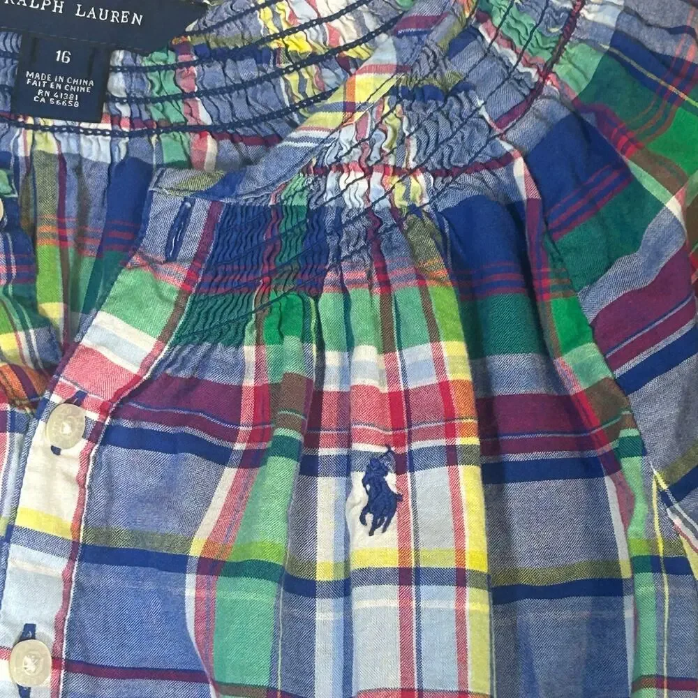 Ralph Lauren girls adjustable sleeve cotton blue plaid preppy smocked dress 16